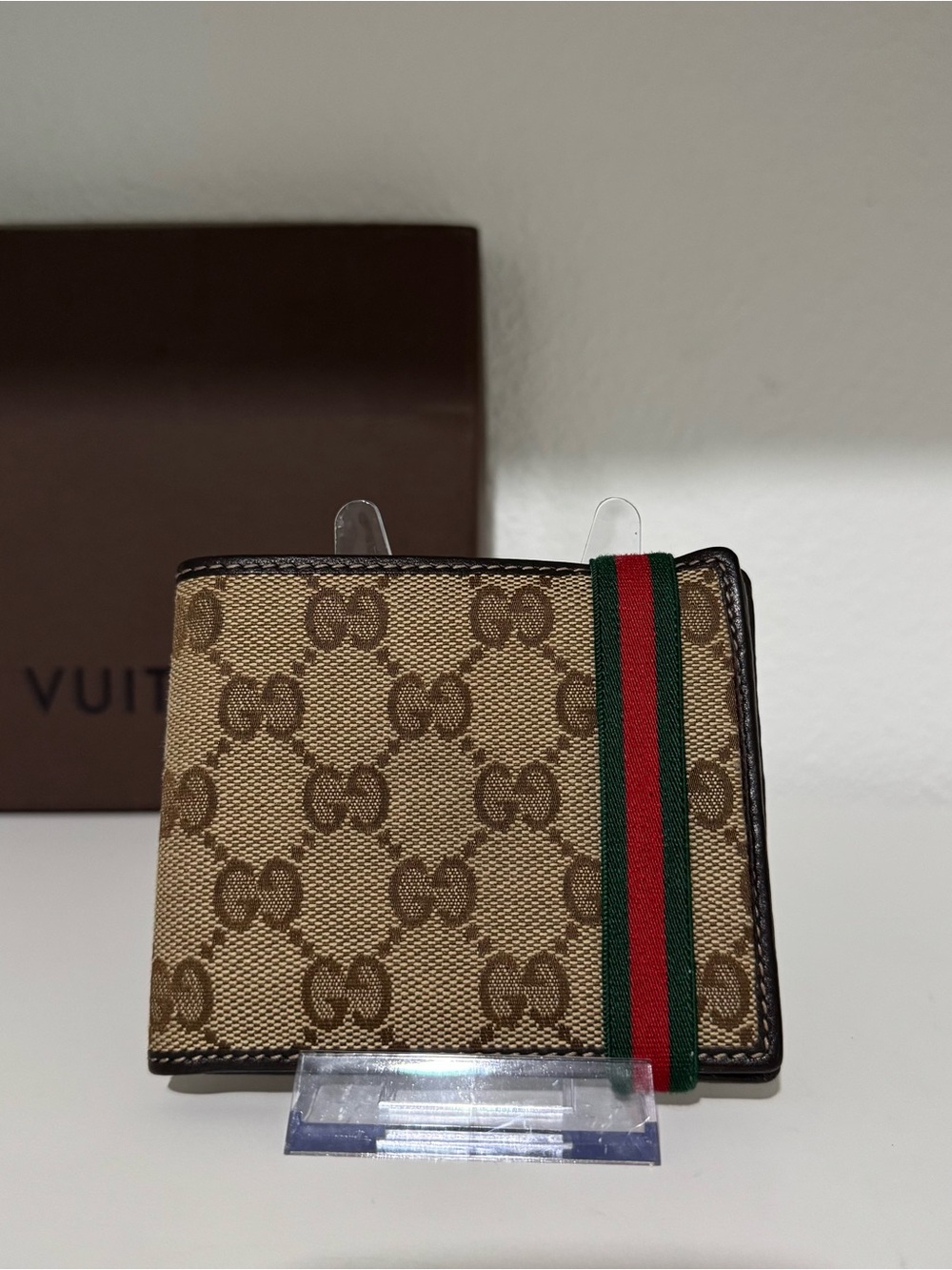 Gucci Beige Brown GG Supreme Canvas Money Clip with Green-Red Web